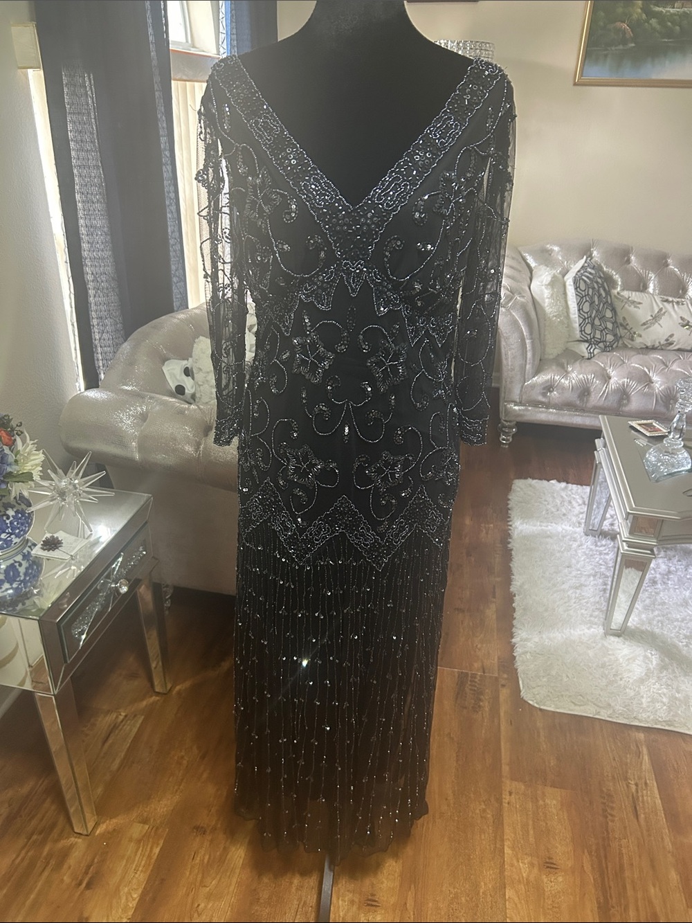 Pisarro Nights Black Beaded V-Neck Long Sleeve Evening Dress